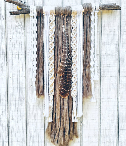 Mushroom & Turkey Feather Branch Macrame